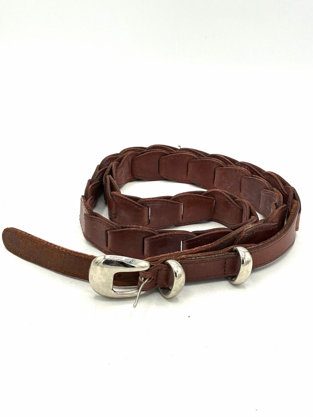 Brown Leather Link Belt Woven Interlocking Silver Buckle Size 42 Vintage Style